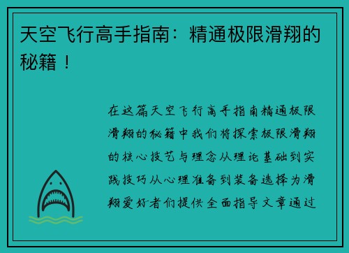 天空飞行高手指南：精通极限滑翔的秘籍 !